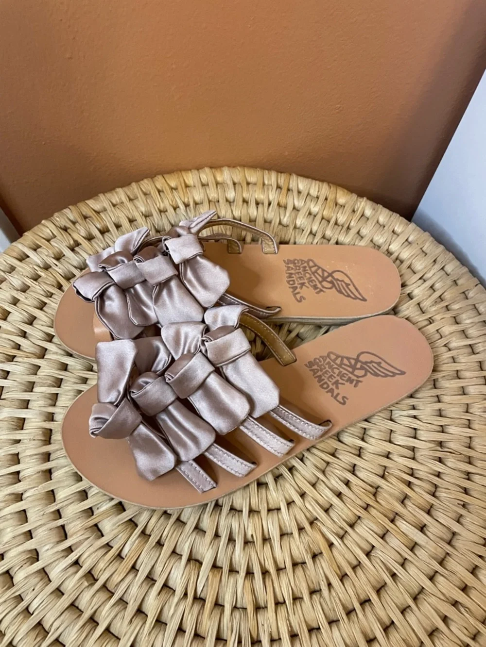 Ancient Greek Sandals Hara Natural Lotus Satin Flats in Rose Taupe Size 37